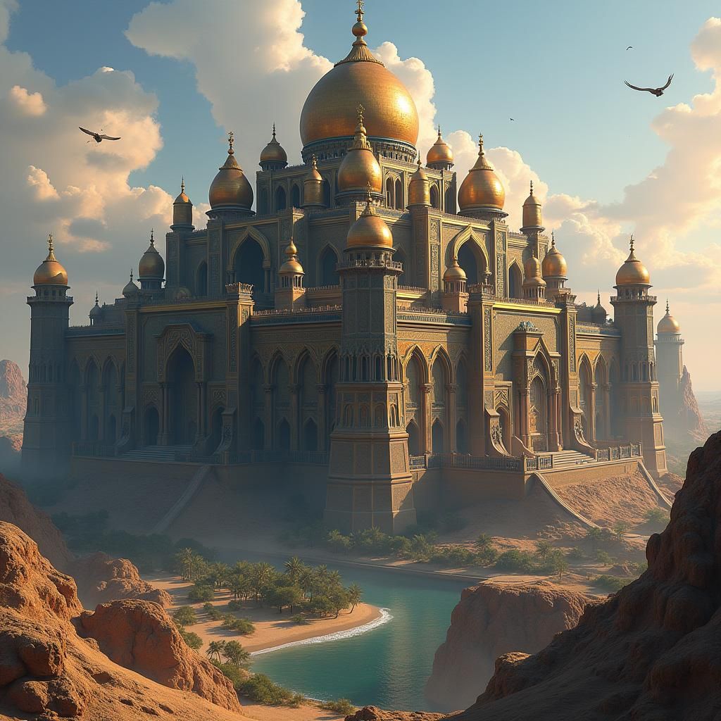 A massive palace complex, sitting on top of a plateau overlooking a middle eastern city. Its design with a blend of intricate Arabian-style...