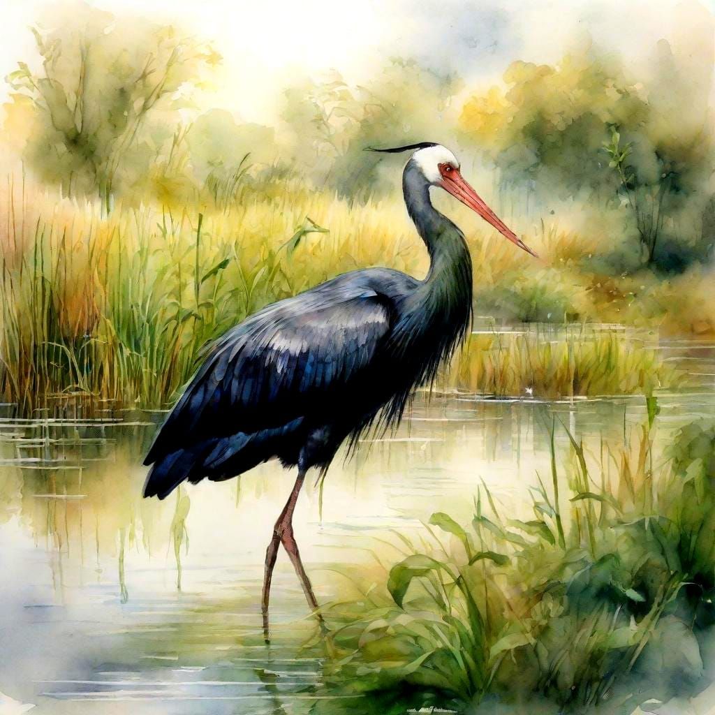 Watercolor black stork  by @giedowudoer