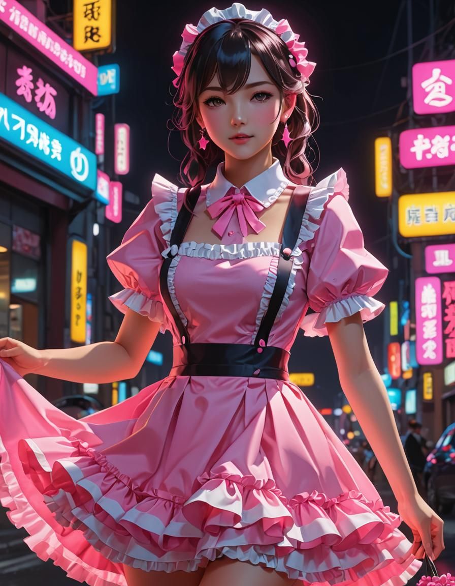 (Bright Glowing Neon Colours:1.5) Pink Maid-themed dress. Th...