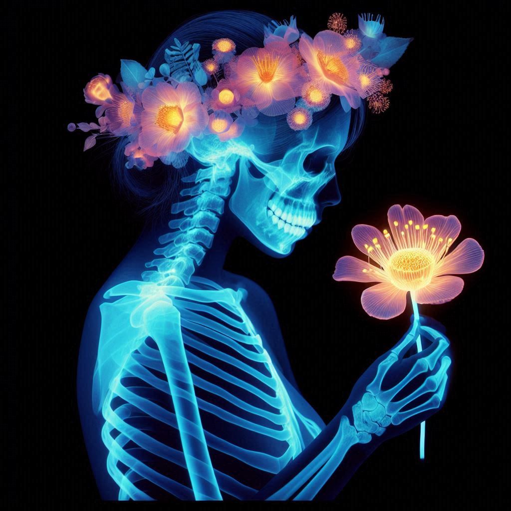 Skeleton of woman holding a flower