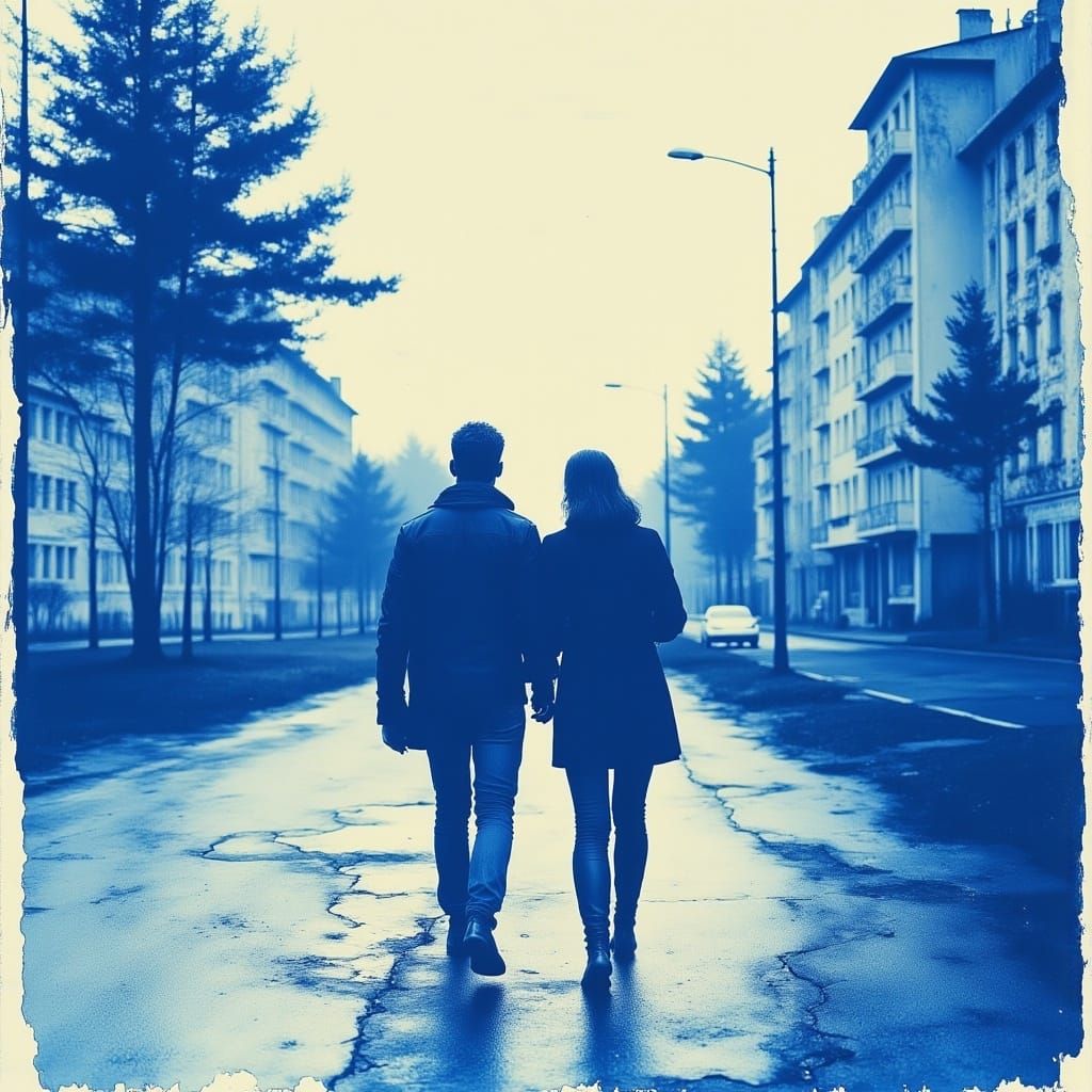 <lora:cyanotypeLike:1.5>cyanotype, blue, a couple in love walk down the street, embracing, artistic professionnal photography