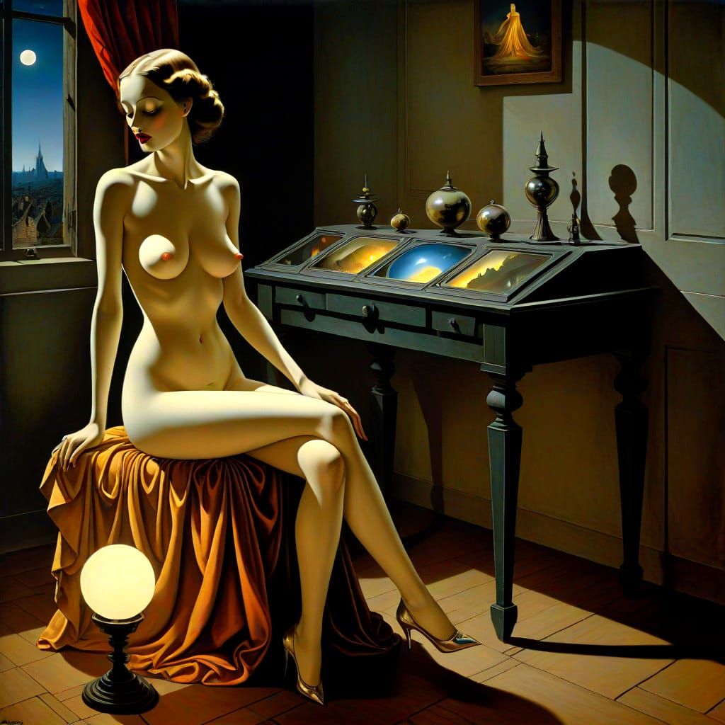 Surrealism Lady Illuminated by Moonlit Shadows