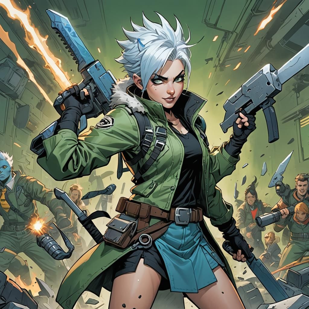 a cheerful and energetic female character with blue skin, wh...