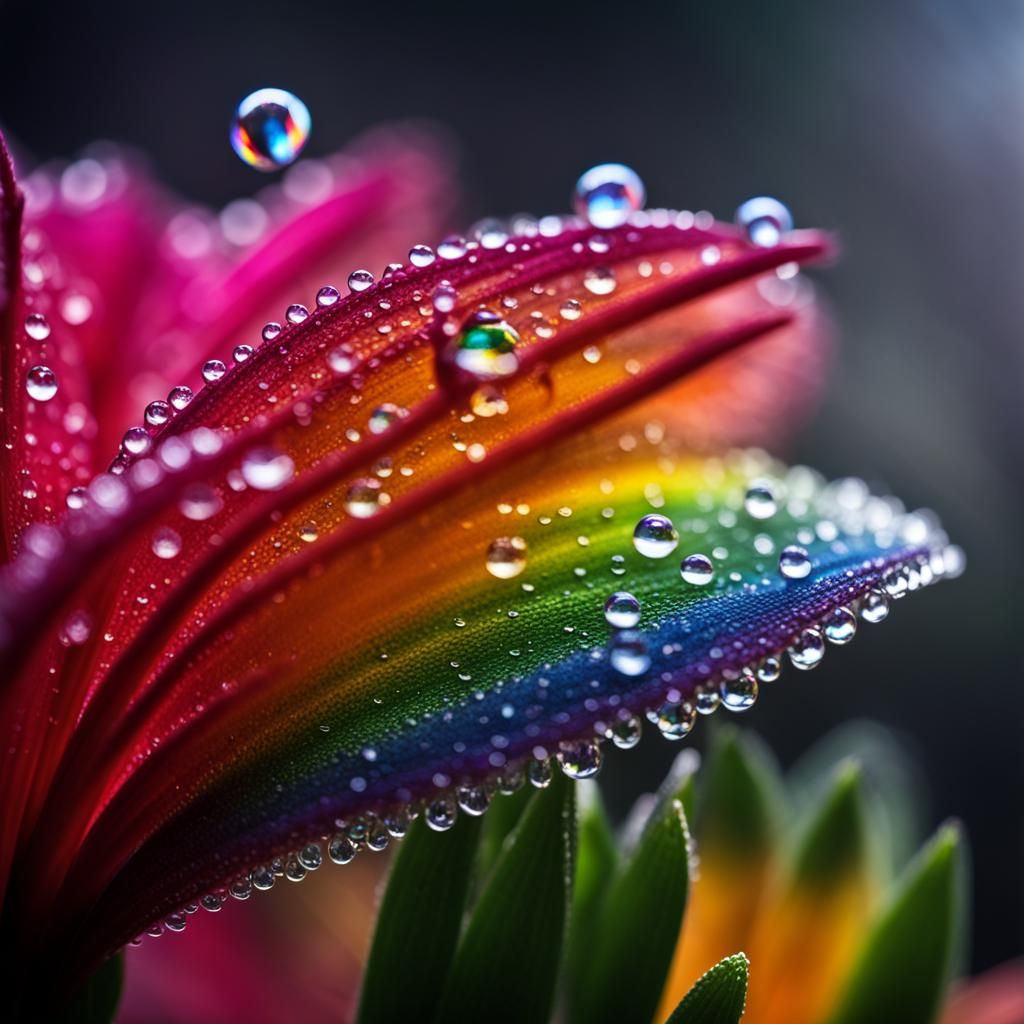 dew drop on flower with rainbow on background intricate details