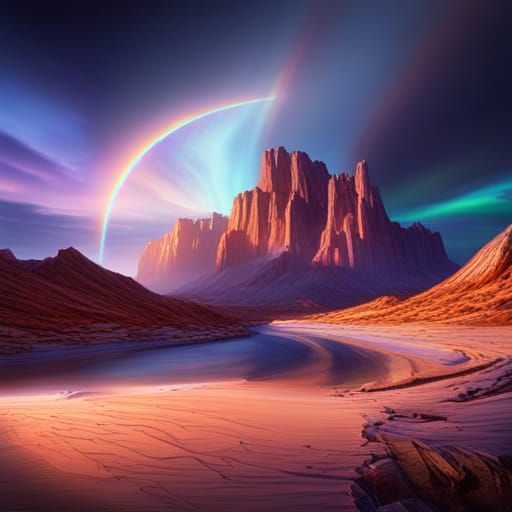 landscape desert dusk starry sky with rainbow