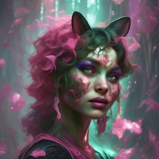 Mysterious Feline Woman in Emerald Gown