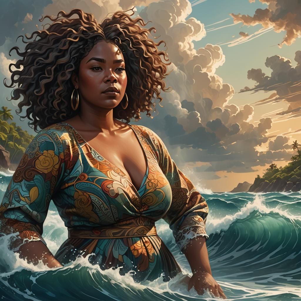  brown skin medium curly hair plus size caribbean woman transparent waves cool breeze calming waters talking to the water