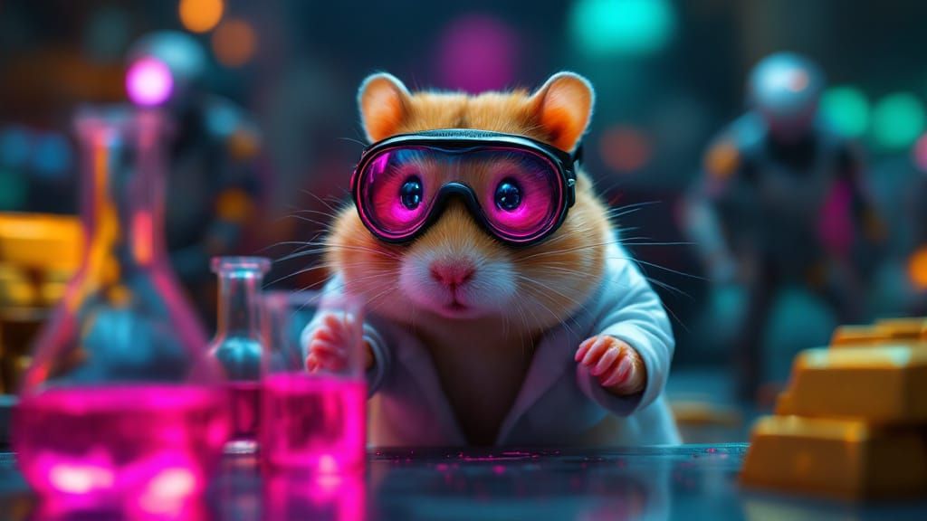 a hamster wearing goggles looking like a scientist in a lab seemingly investigating veils with a glowing liquid in it. the background are ro...