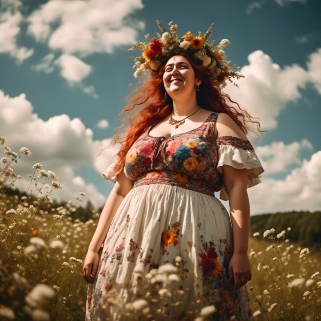Happy woman in a meadow, she does not care about your "beauty" standards