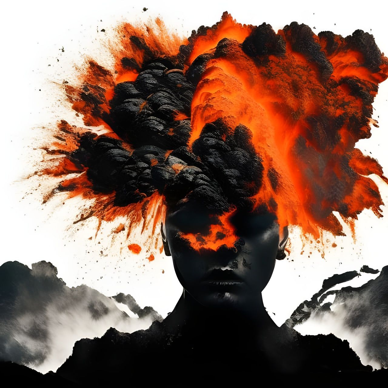 double exposure portrait angry woman with hot lava, exploding head ...