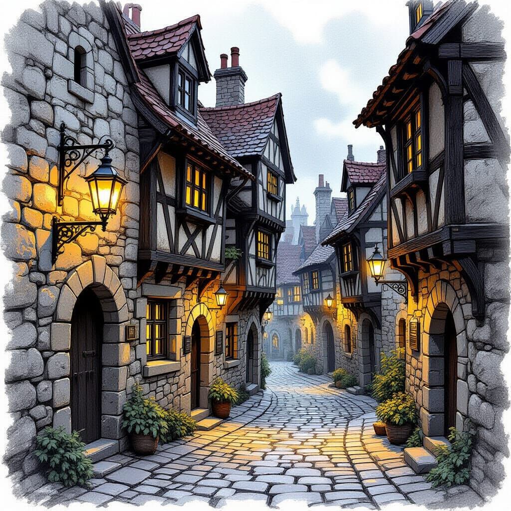 Narrow medieval alleyways lit by lanterns  by @Pukinette