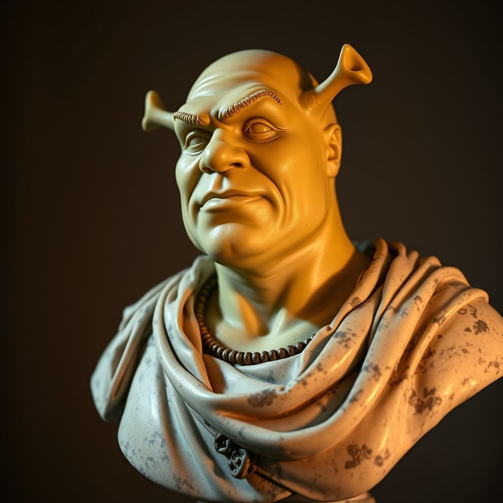 A roman bust statue of shrek