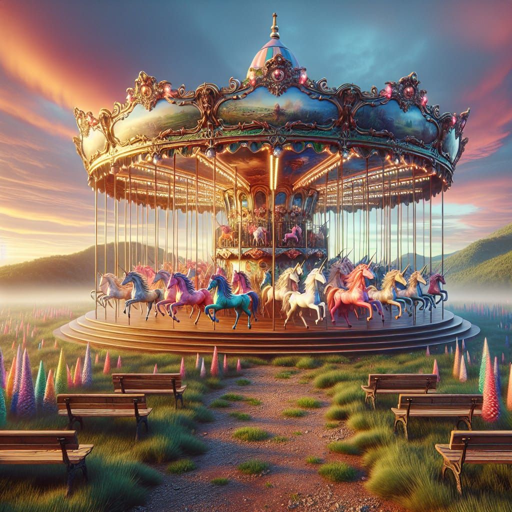 Draw a carousel full of horse and unicorn and benches, lots of color in a field, view side of carousel