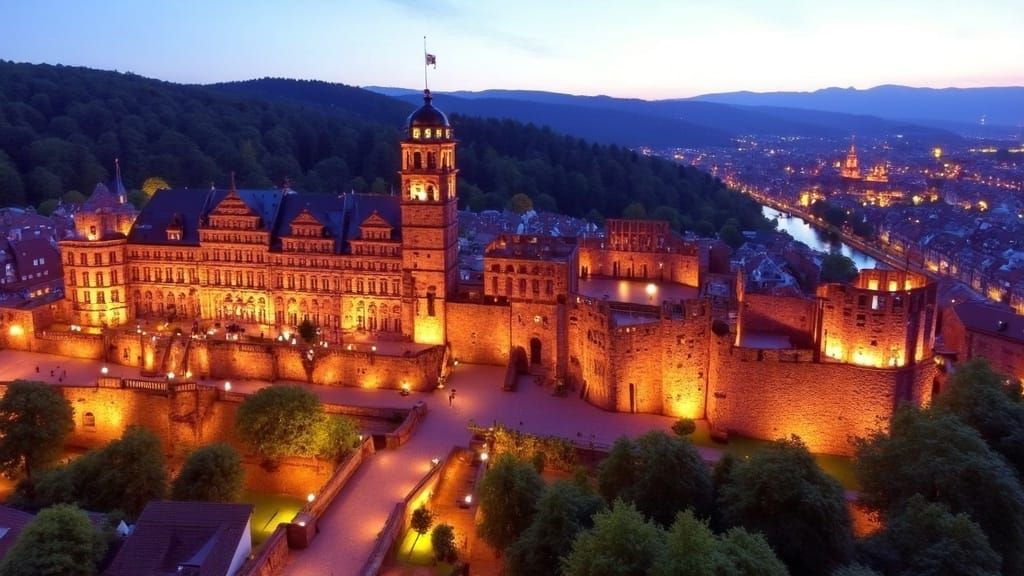 <lora:Heidelberg Castle:1.5> Heidelberg Castle in summer, from the bird's perspective, city, river, nigth, dynamic lighting 8k resolution hy...