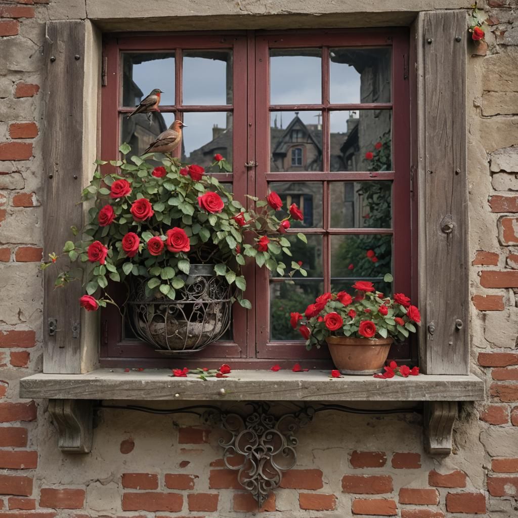 A rustic wooden window sill adorned with climbing roses in v...