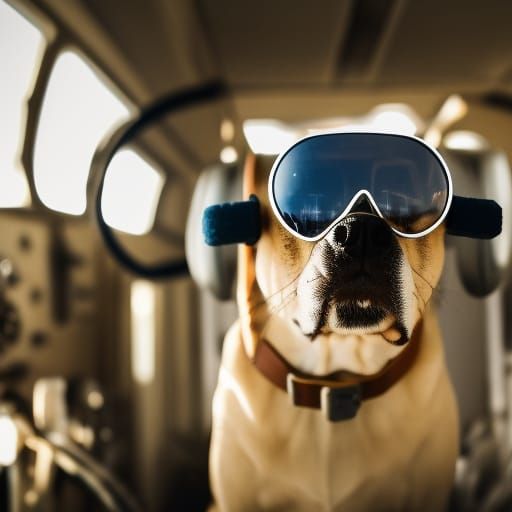 Dog in an old plane cockpit, wearring googles, high resolution, cinematic, hyperreal