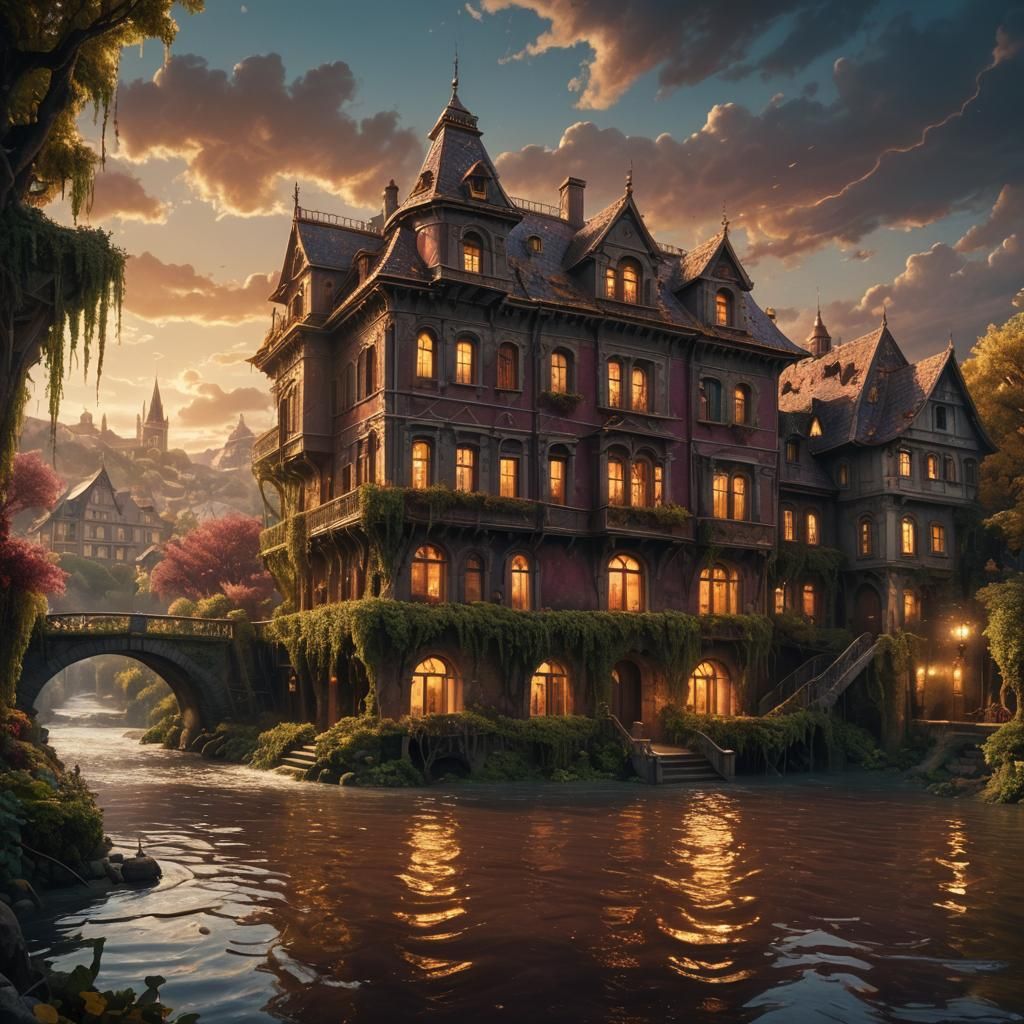 House Flooded by Wine River: Fantastical Matte Painting