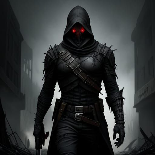 Dark Fantasy Creature with Skull Face in Ruined City