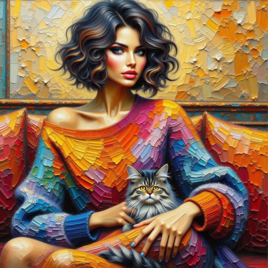<lora:Craquelure Paint:1.0> a stunning woman with short wavy, voluminous hair, sitting on the couch with her cute cat. She wears vibrantly c...