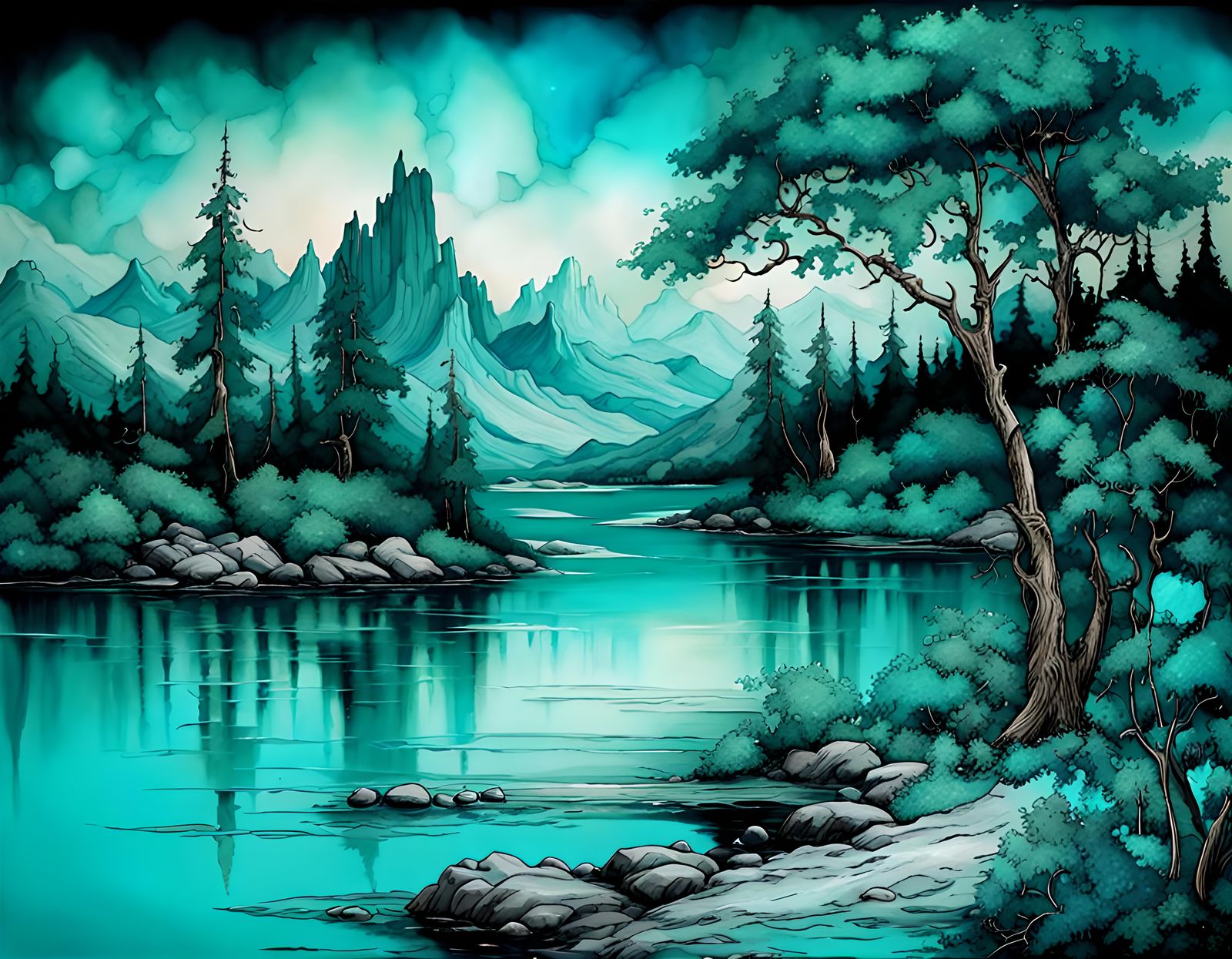 A beautiful landscape scene, palette shades of turquoise