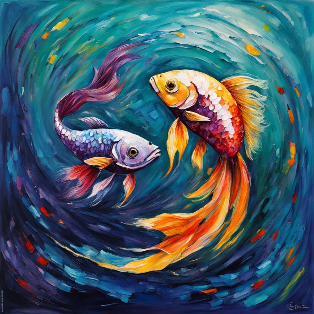 Two beta fish swimming opposite direction like a pisces horoscope symbol Ying Yang   impasto oil on canvas ...  by @eileenMcC