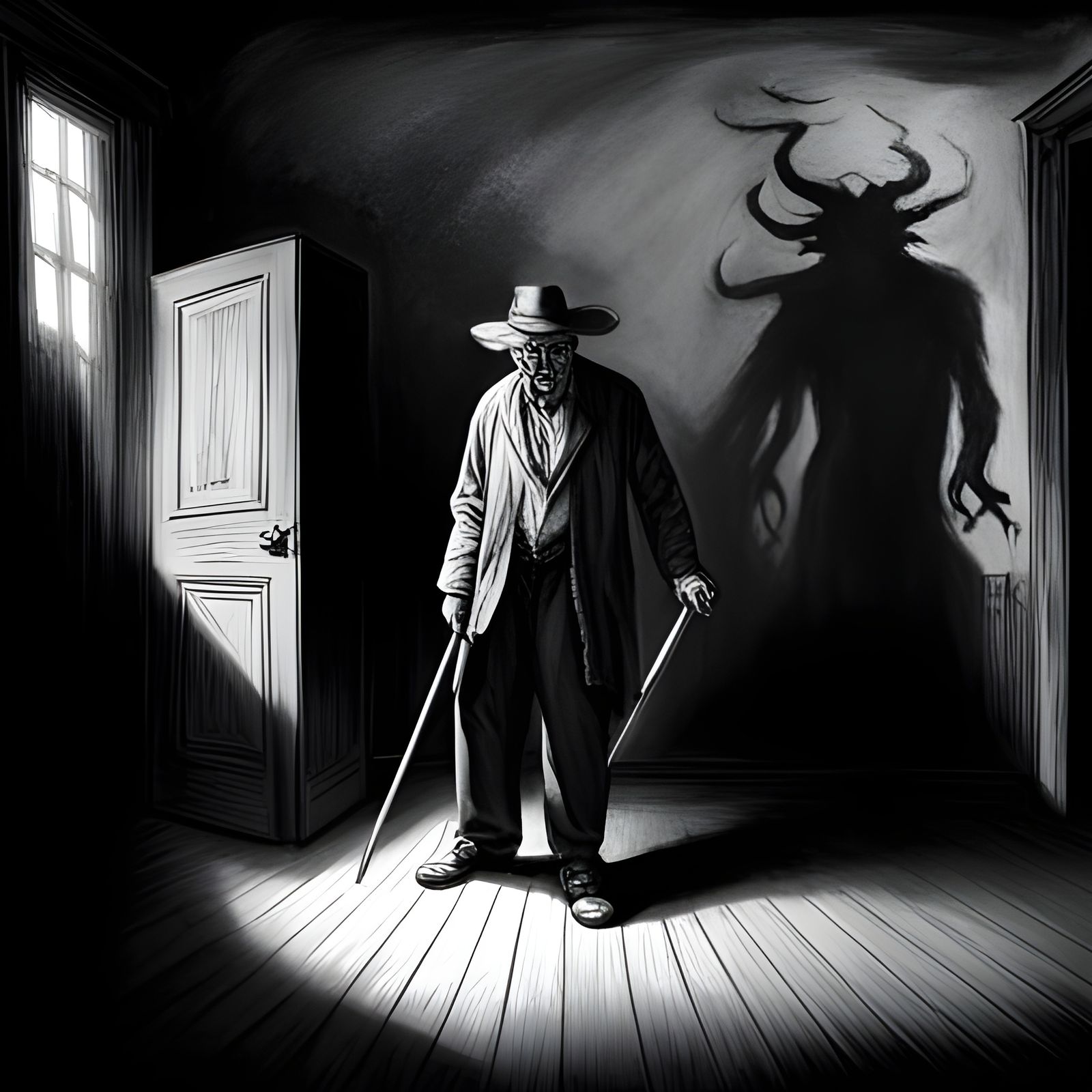 Man casting four demonly shadows, man with scary demon shadow. sinister by Greg Rutkowski detailed matte painting horror...