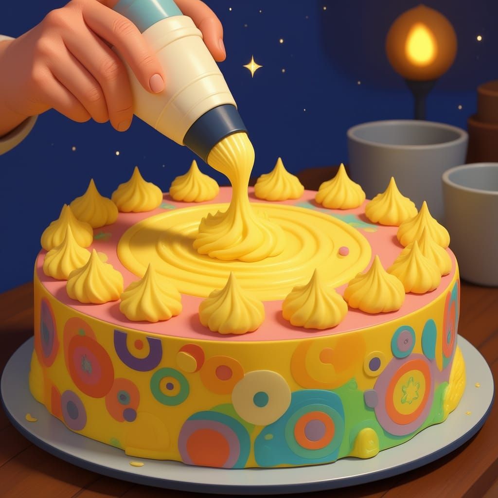 Close-up on the cake being decorated. The frosting is applied haphazardly, creating a chaotic and humorous design.