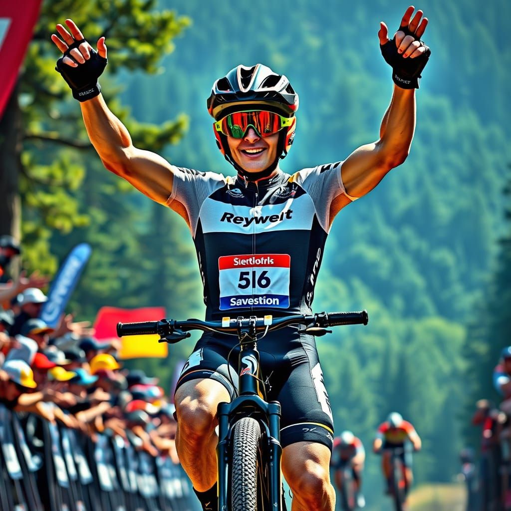 Mountain Bike Racer Crosses Finish Line in Futuristic Style