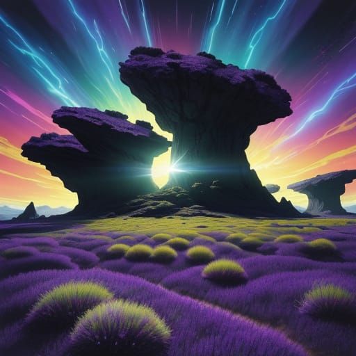 Alien Landscape Under Strange Sky in Vibrant Anime Style