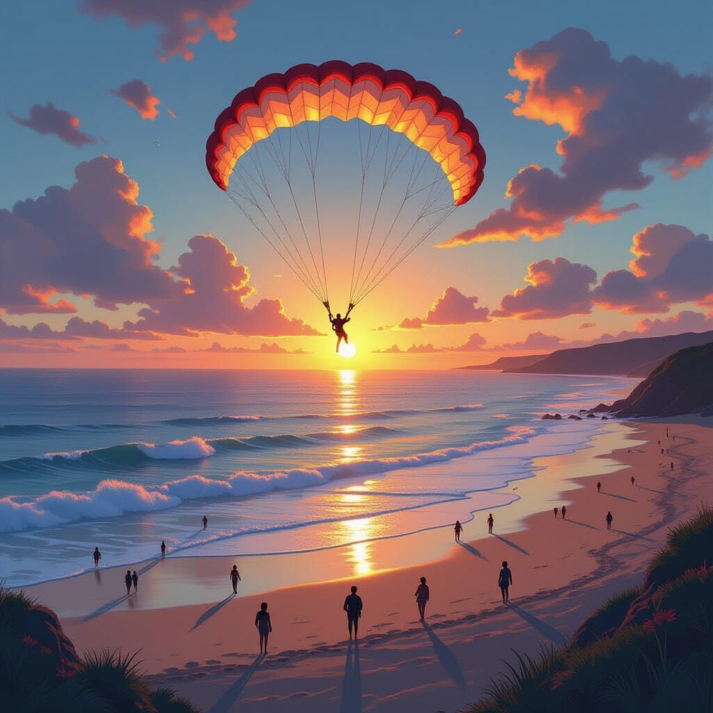Parachuter's Sunset View: Ocean, Heart, and Shoreline