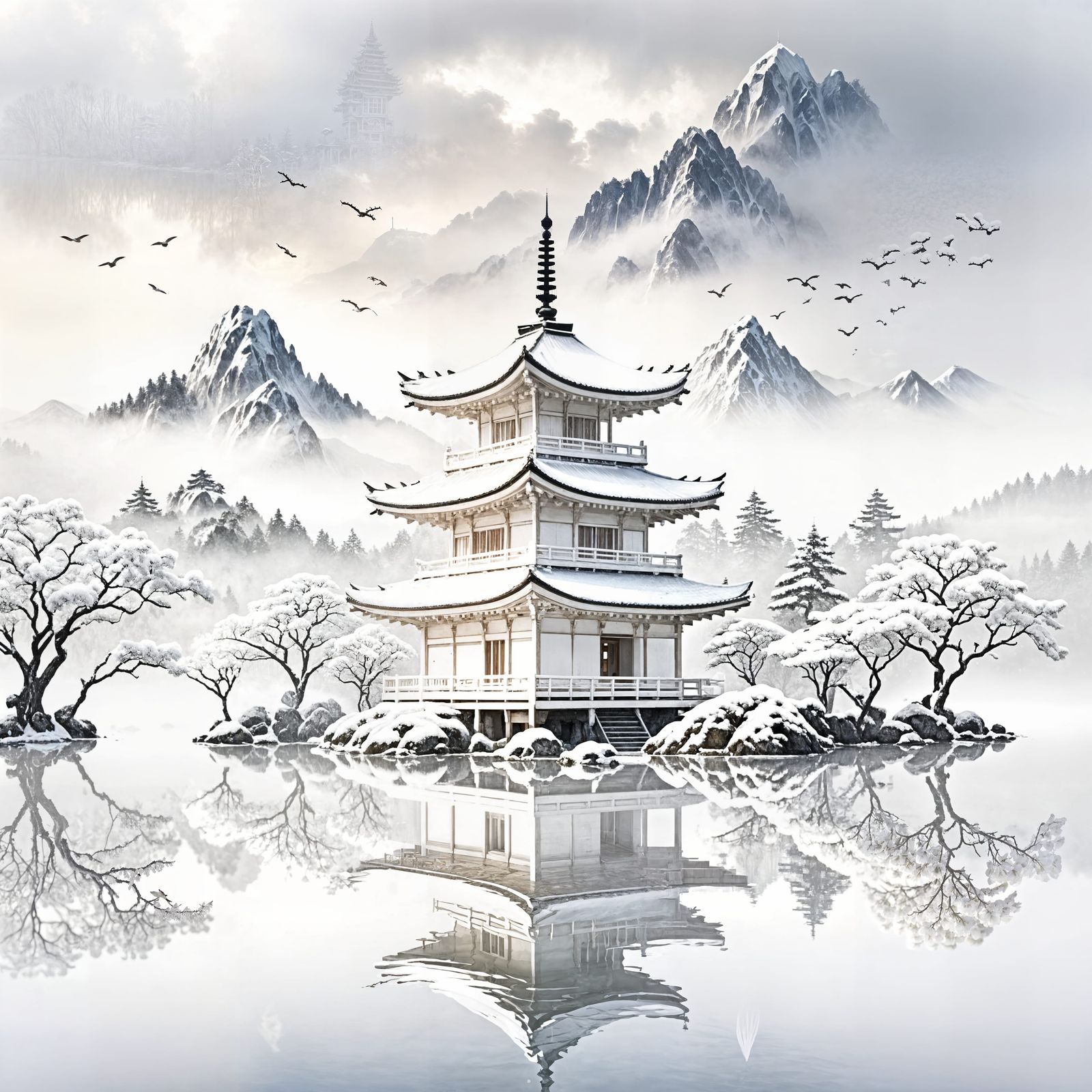 Ethereal White Japanese Pagoda Temple in Monochrome