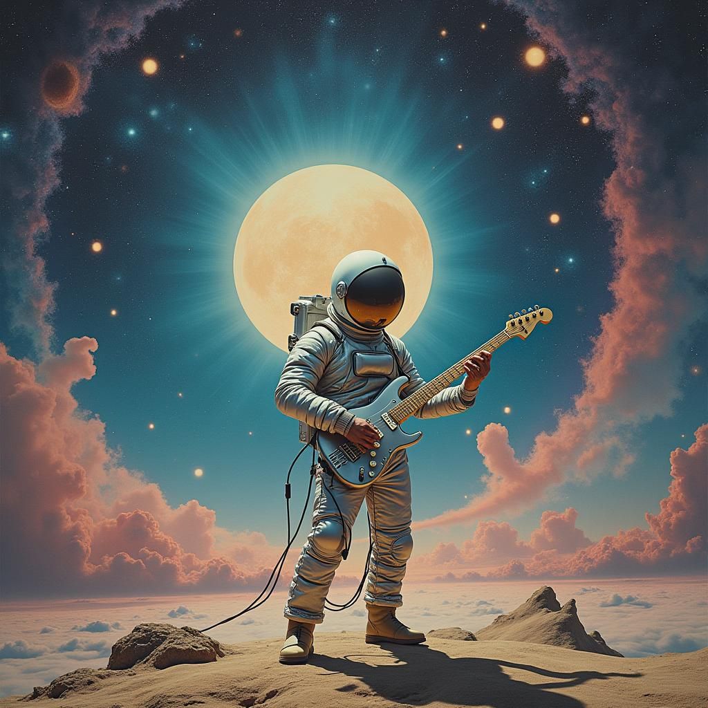 spaceman standing at the cosmic crossroads with a 6 string guitar wired to the universal sound machine.