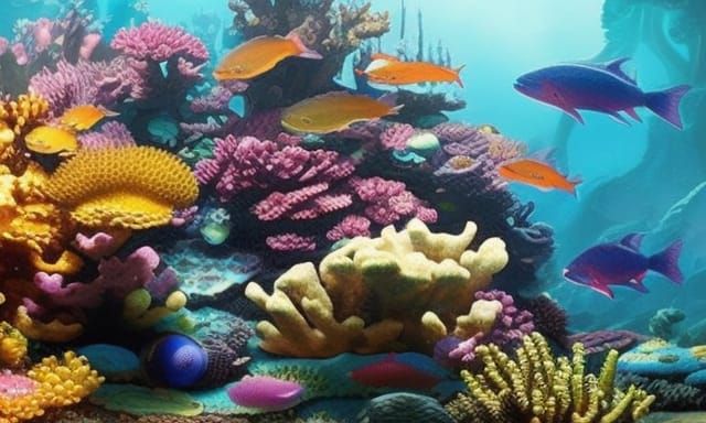 a scene of a vibrant underwater coral reef teeming with trop...