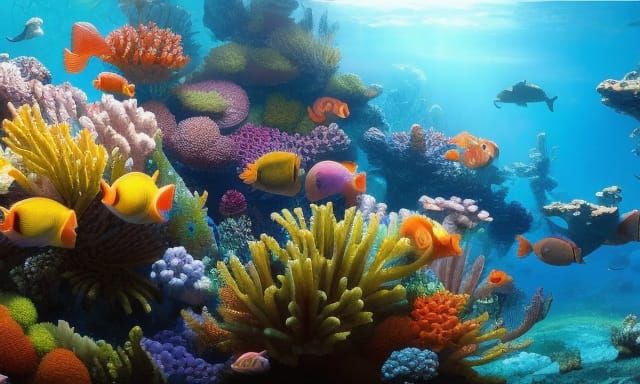 a scene of a vibrant underwater coral reef teeming with trop...