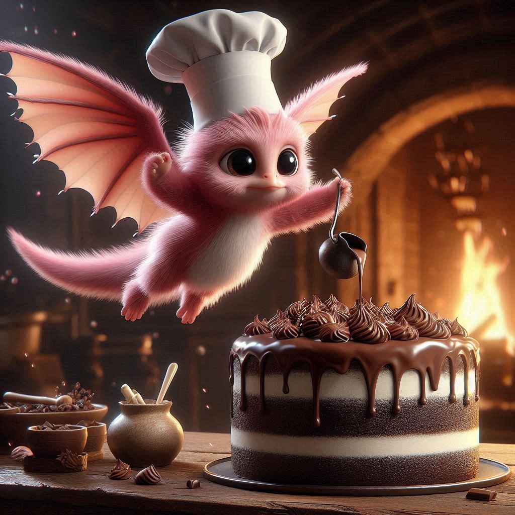 Furry and pink baby dragon chef