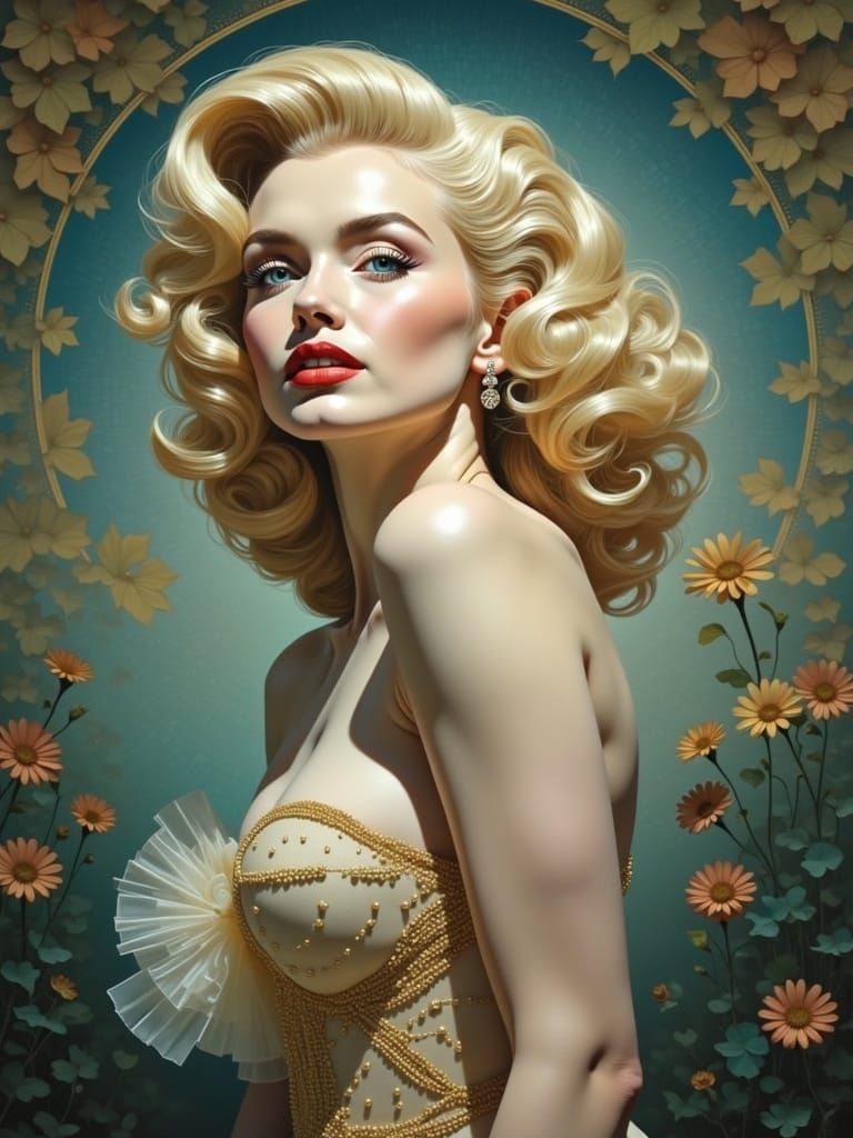 <lora:Bold:1.0> <lora:Pearlescents:1.0> Alberto Vargas, Artstation, bold surrealist art, Marilyn Monroe female figure, famous pose, wearing...