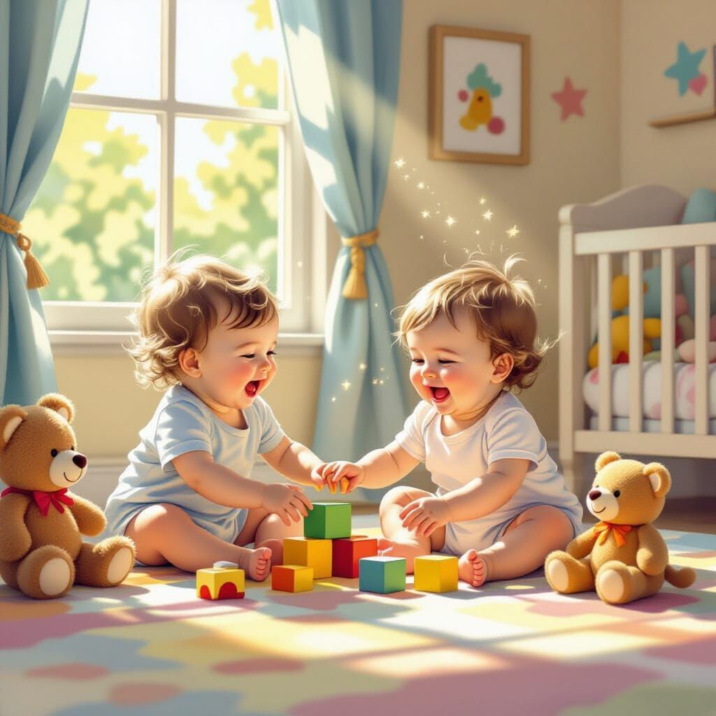 Two Babies Play in Colorful Nursery, Children's Book Style