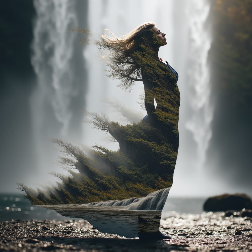<lora:MJ7 Double Exposure:1.0> Double exposure photography of a dancer’s silhouette with flowing waterfalls, sharp focus, double exposure ph...