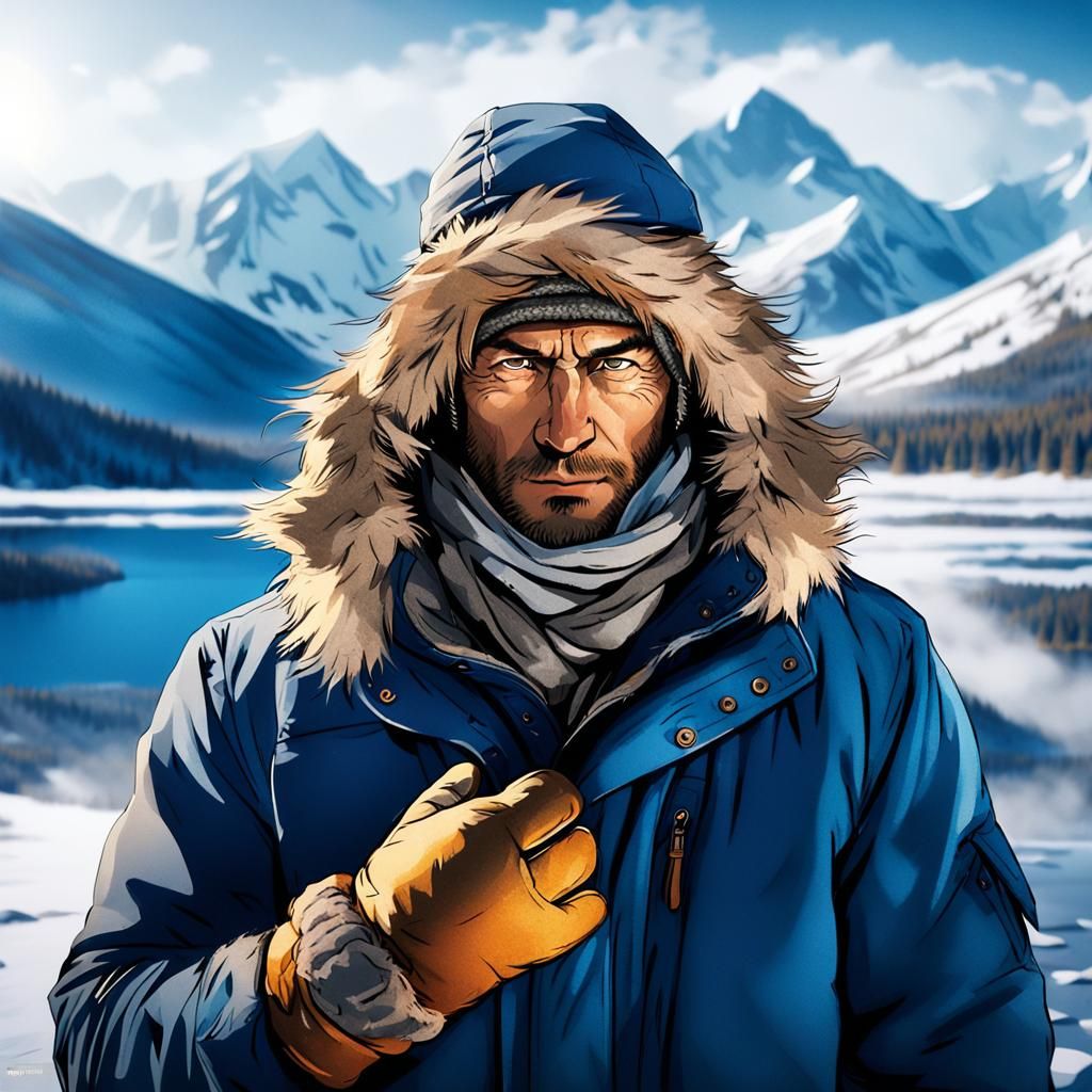 Siberian winter landscape, strong wind blowing, light snow, a frozen blue lake. Altai mountains in the background. Extremely detailed, sharp...