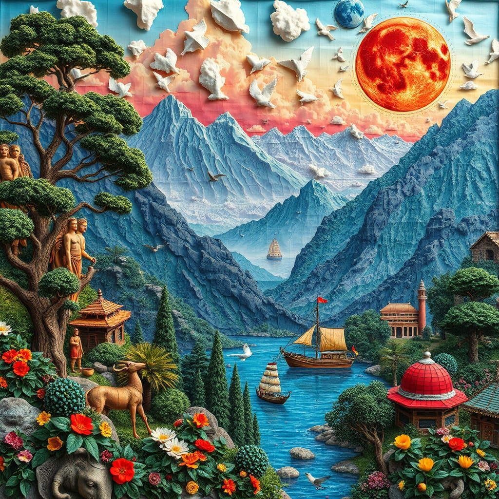 3D relief newspaper mosaic collage art landscape