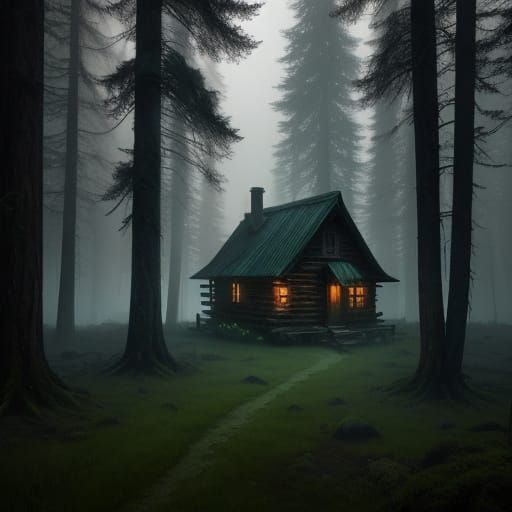 Ethereal Forest Cabin at Night with Eerie Glow
