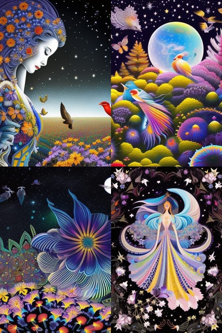 watching stars, birds, flowers, fairytale, magic realism, vi...