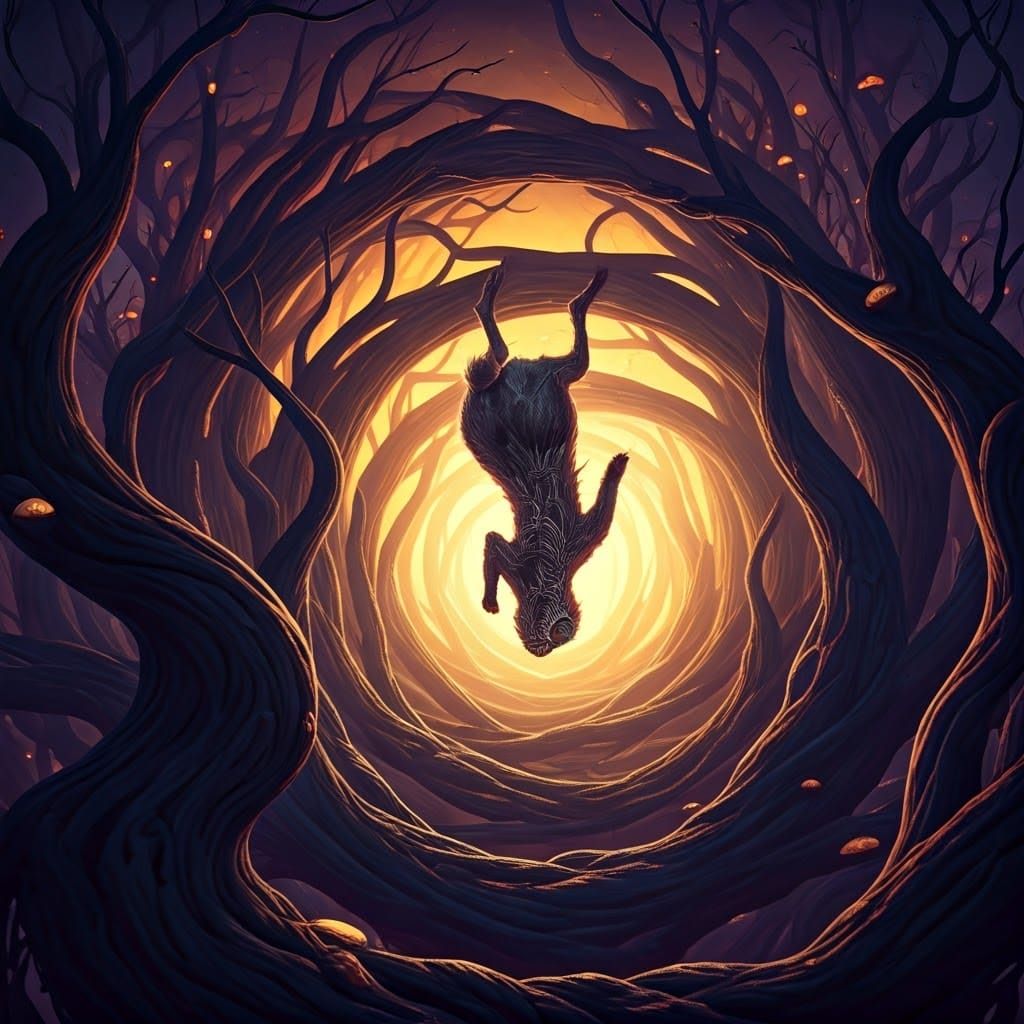 Dark Fantasy Rabbit Plunges Down Eerie Vortex - AI Art