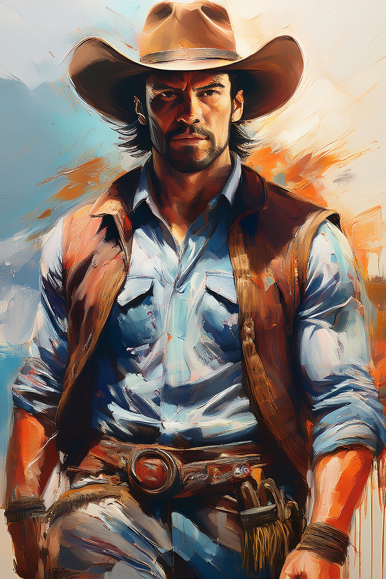 An impasto abstract painting of a rugged cowboy