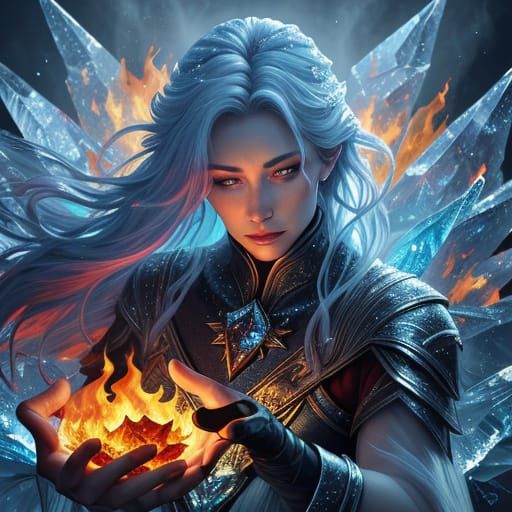 A fire nymph staring into an ice mirror