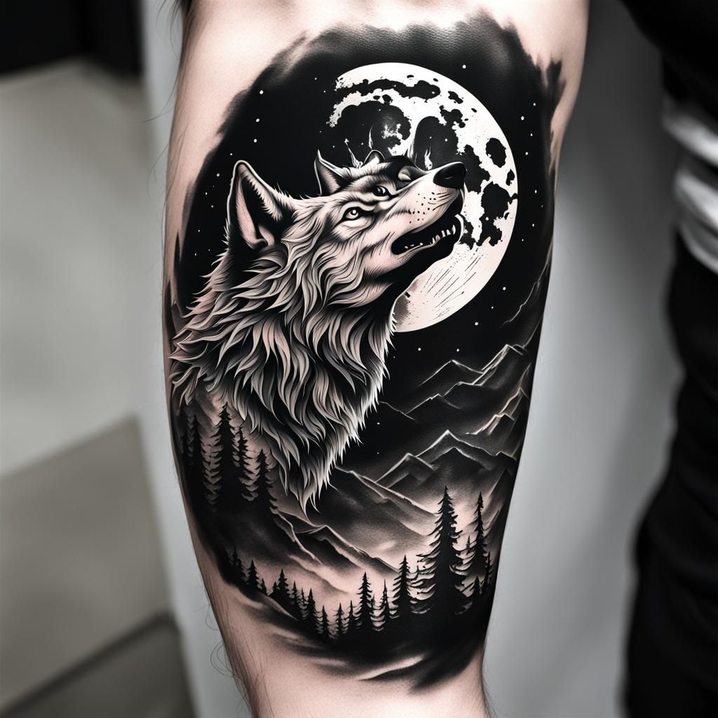 upper arm with a tattoo of a wolf howling at the moon, highl...