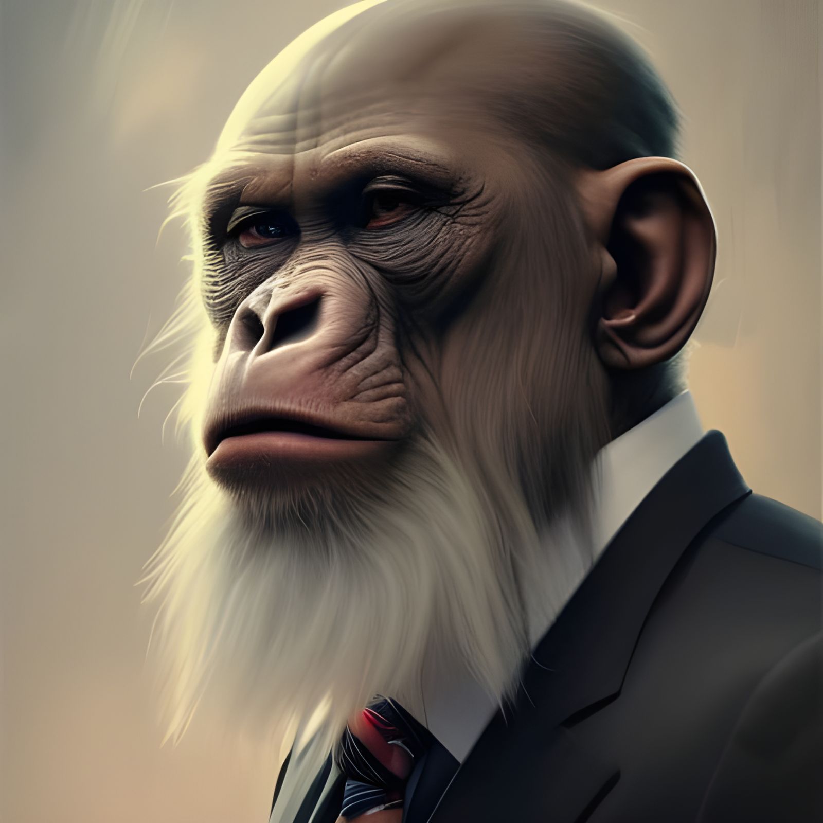 Ape in suit ,5D lighting,5D surreal fantasy art,detailed fac...