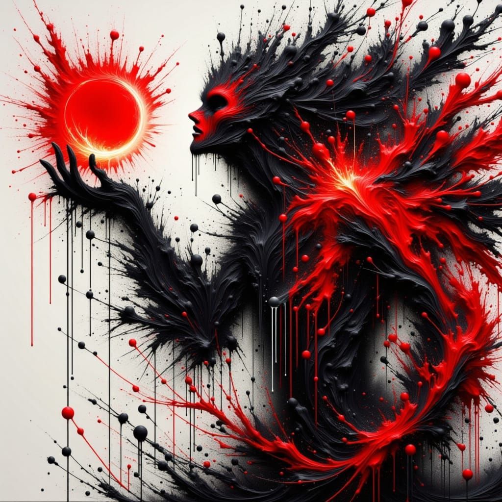 <lora:Drama Drip Splatter:1.0> Create an abstract painting using the colors black, white, and red that involves techniques of splatter and d...