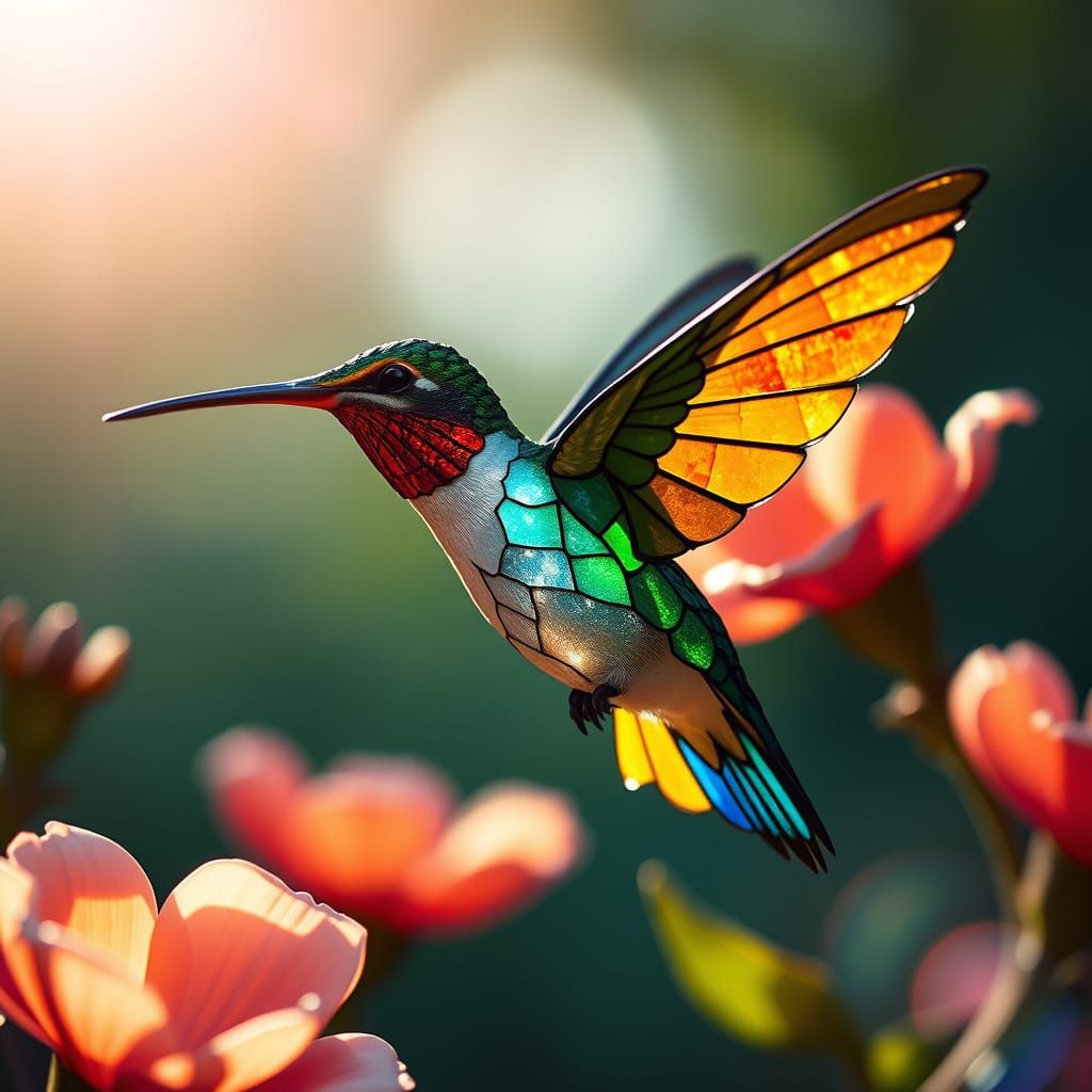 a hummingbird with wings made of stained glass, each pane reflecting a vibrant spectrum of colors. The ...  by @Maria Simoes Coelho