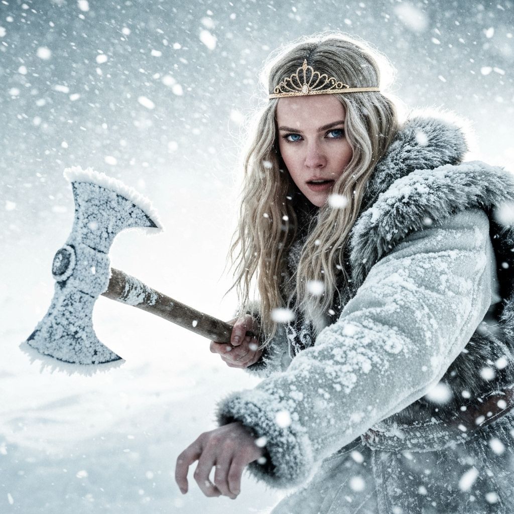 photorealistic image of a beautiful female arctic warrior with an axe that is covered in frost, in a blizzard, her fur coat is covered in pr...